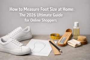 How to Measure Foot Size at Home: The 2026 Ultimate Guide for Online Shoppers 52 Person standing on a piece of paper against a wall measuring foot length with a ruler to determine accurate shoe size.
