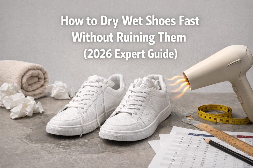 How to dry wet shoes fast (1) A pair of wet sneakers being dried safely using the newspaper method and a fan to prevent heat damage.