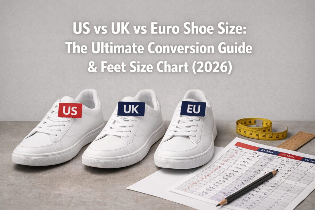 US vs UK vs Euro shoe size Comparison chart showing US, UK, and Euro shoe size conversions with foot length in centimeters for men and women.