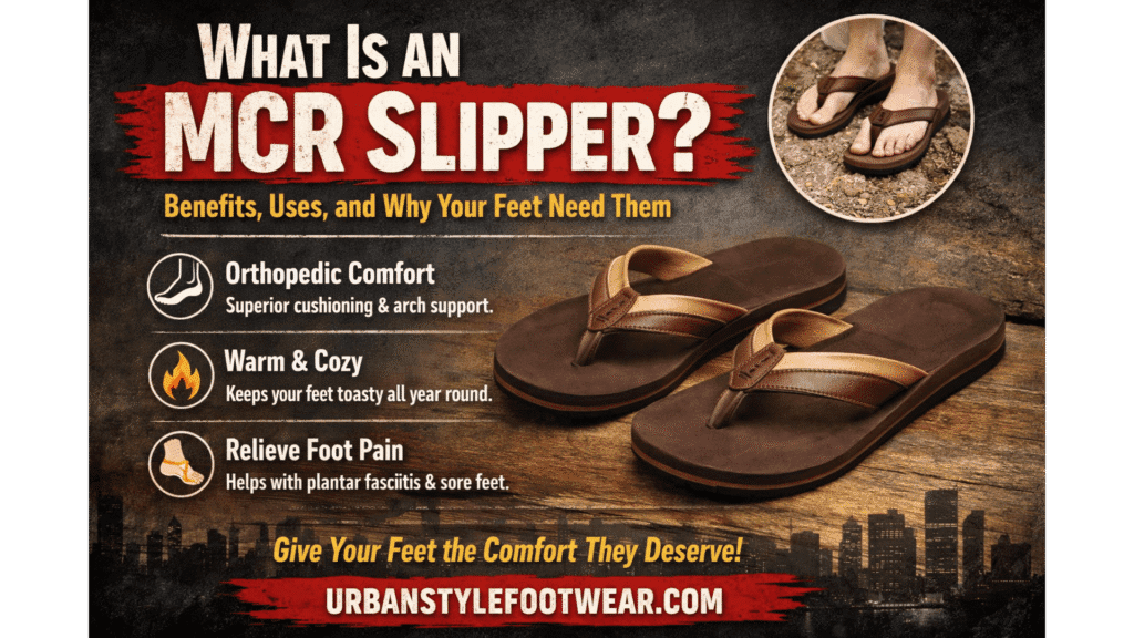 What is an mcr slipper MCR slippers with orthopedic arch support, comfortable micro cellular rubber sole, and durable straps, available at Urban Style Footwear Chennai