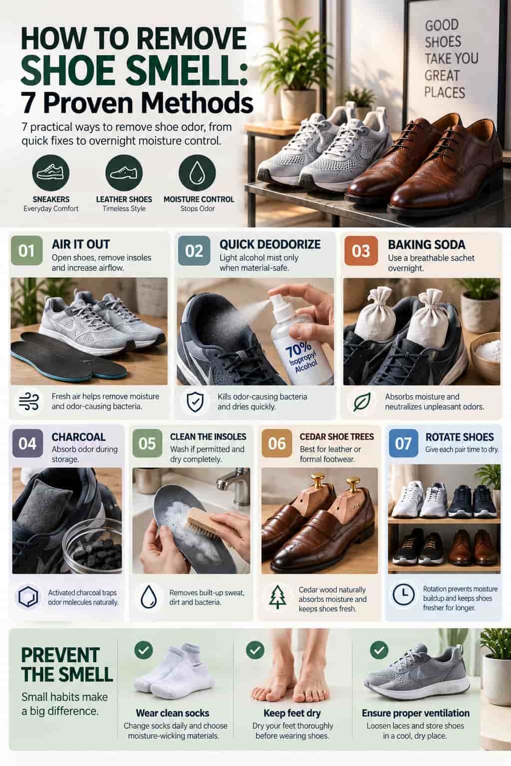 7 practical ways to remove shoe odor, from quick fixes to overnight moisture control.