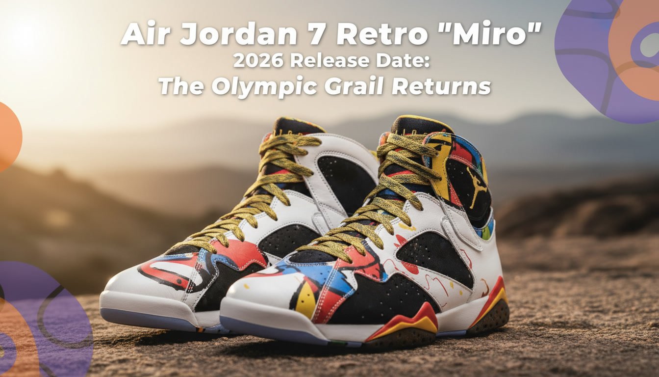 Air Jordan 7 Retro Miro 2026 white leather upper with Miró-inspired color splashes