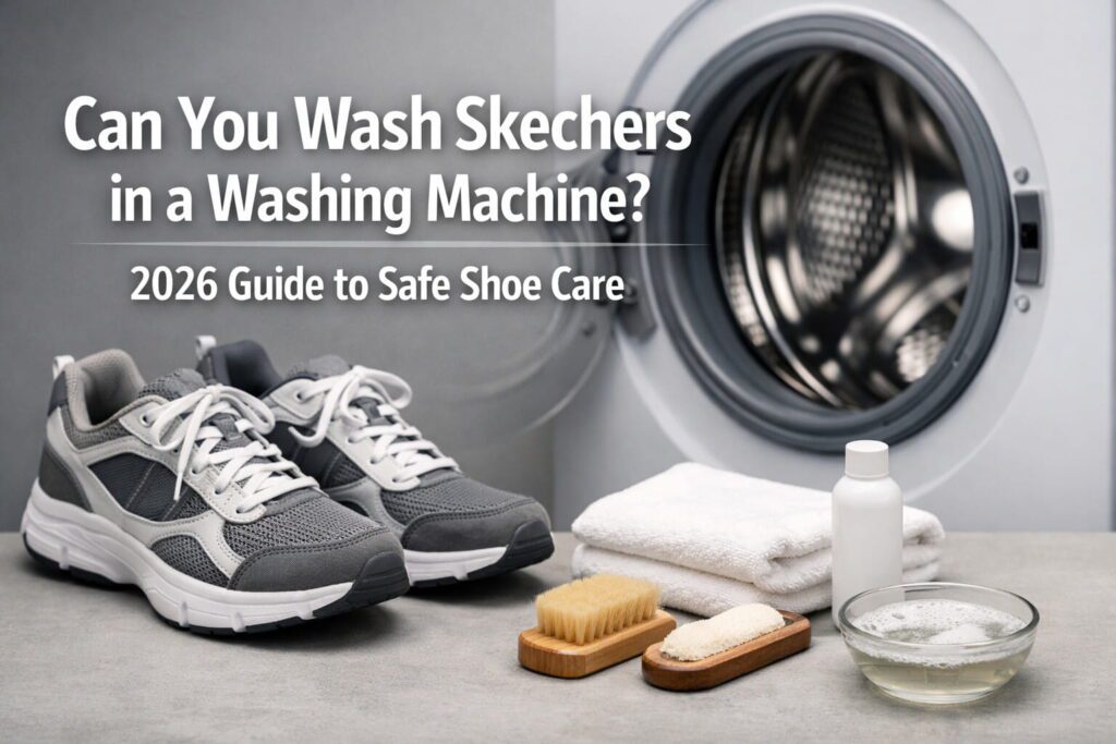Pair of Skechers Go Walk sneakers placed inside a white mesh laundry bag next to liquid detergent.