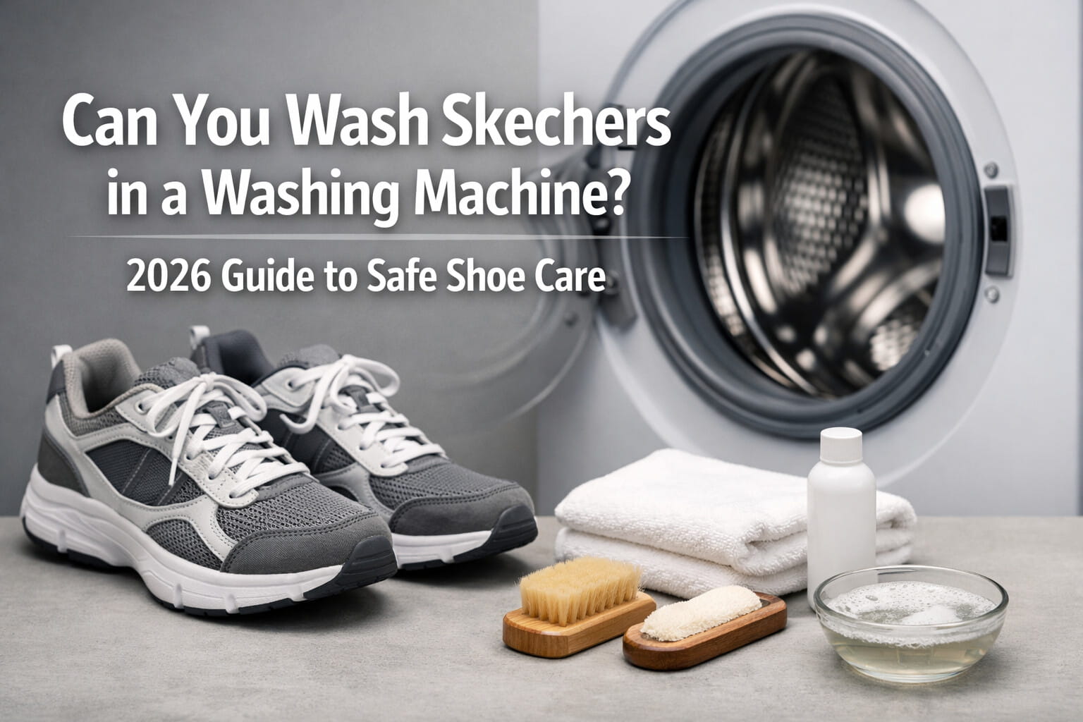 Pair of Skechers Go Walk sneakers placed inside a white mesh laundry bag next to liquid detergent.