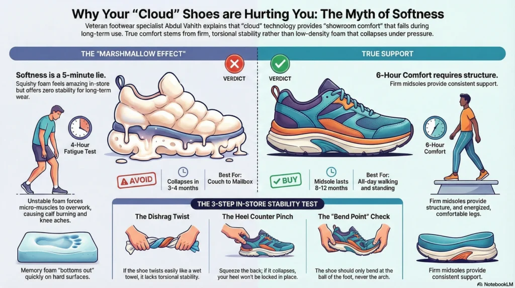 Hands twisting a sneaker like a wet towel to demonstrate poor torsional stability