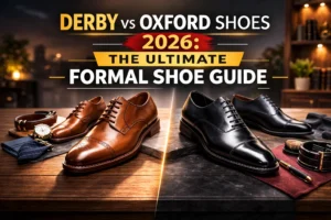 Side by side comparison of a sleek black closed-lace Oxford shoe and a brown open-lace Derby shoe on a wooden background.