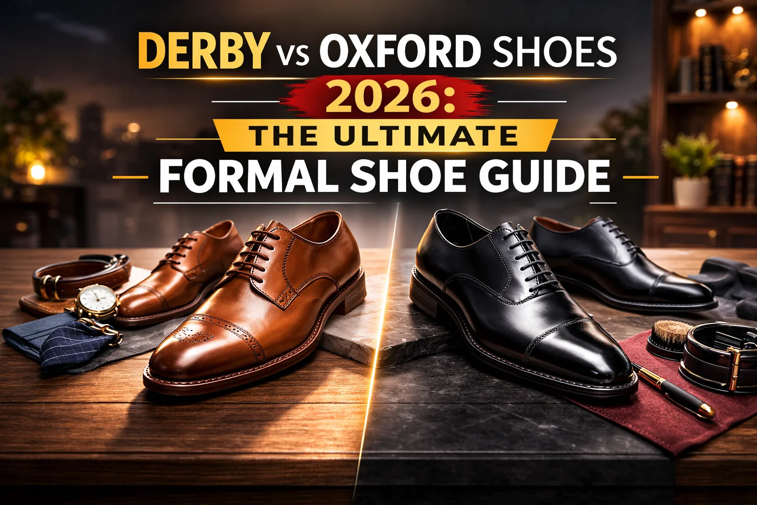 Derby vs Oxford Shoes 2026: The Ultimate Formal Shoe Guide 9 Side by side comparison of a sleek black closed-lace Oxford shoe and a brown open-lace Derby shoe on a wooden background.