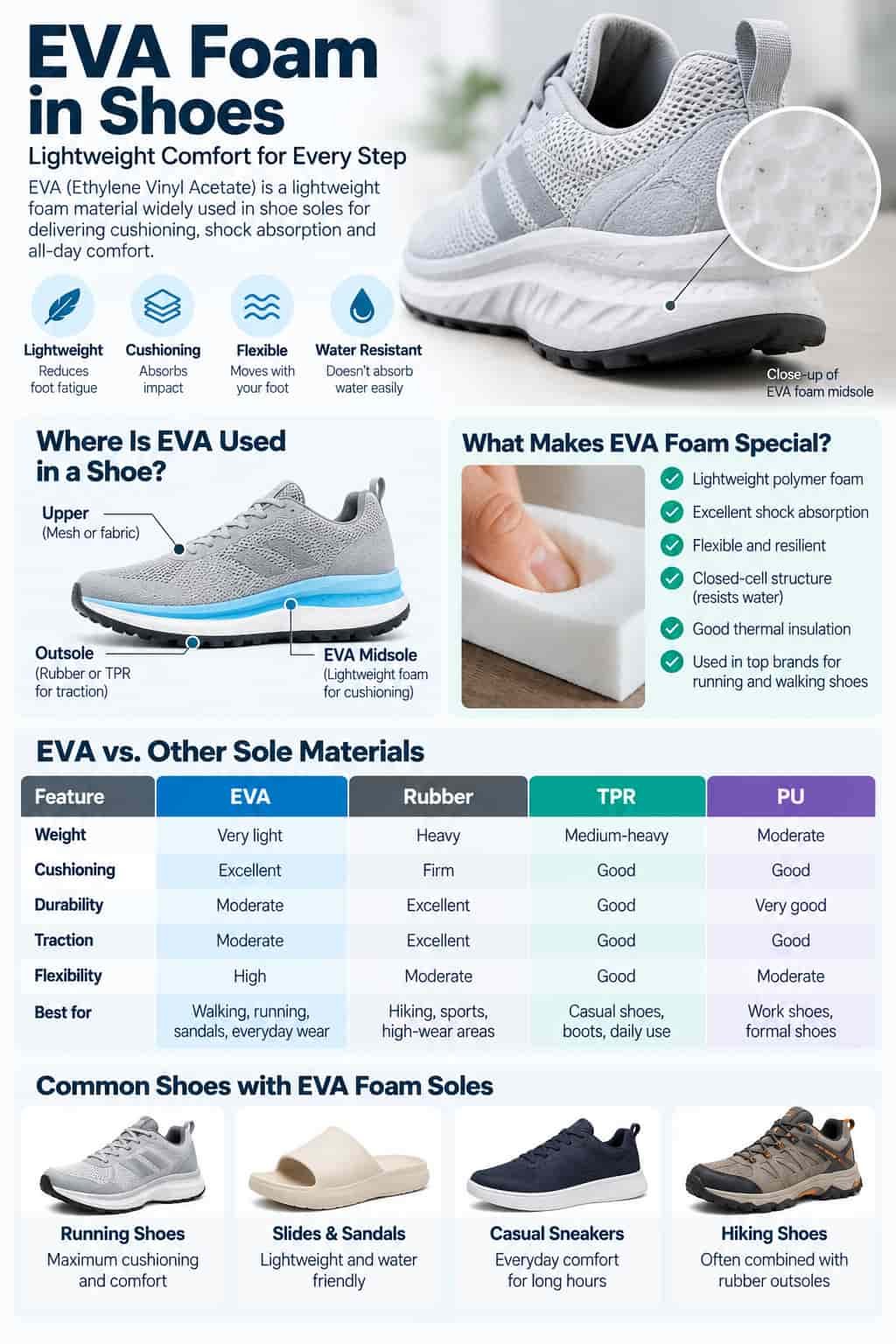 EVA foam midsole in shoe compared with rubber TPR and PU sole materials
