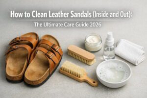 How to Clean Leather Sandals (Inside and Out): The Ultimate Care Guide 2026 24 Pair of worn leather sandals being cleaned with a horsehair brush and leather cleaner on a wooden table.