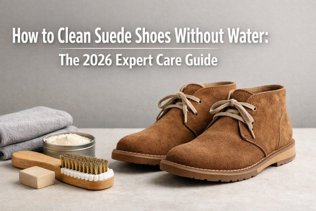 Close-up of cleaning suede shoes with a dry brush and eraser tool on a wooden table.