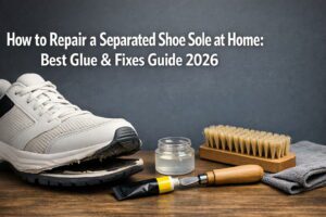 How to Repair a Separated Shoe Sole at Home: Best Glue & Fixes Guide 2026 42 Close-up of a person repairing a separated shoe sole using contact cement and clamps on a workbench.