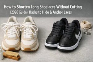 How to Shorten Long Shoelaces Without Cutting (2026 Guide): Hacks to Hide & Anchor Laces 22 White sneakers with neatly shortened laces using the hidden knot method on a wooden floor.