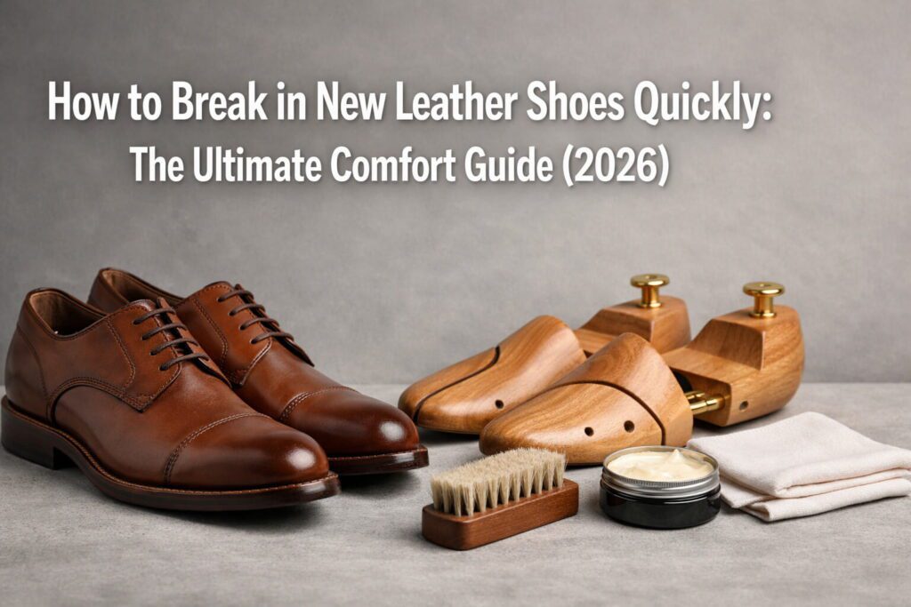 A pair of brown leather oxfords with thick wool socks and a hairdryer, demonstrating how to break in new leather shoes quickly.