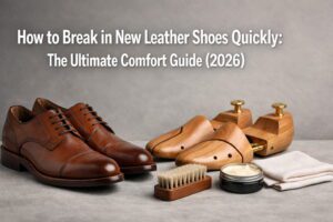 How to Break in New Leather Shoes Quickly: The Ultimate Comfort Guide (2026) 40 A pair of brown leather oxfords with thick wool socks and a hairdryer, demonstrating how to break in new leather shoes quickly.