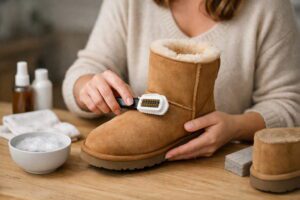 How to Clean Sheepskin Boots (Uggs) at Home in 2026: The Ultimate Suede Brush & Care Guide 9 Pair of tan sheepskin boots next to a professional suede cleaning kit and brass bristle brush