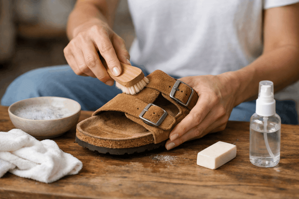 How to clean suede Birkenstocks A pair of suede Birkenstock sandals being cleaned with a suede brush and white vinegar solution to remove stains safely.