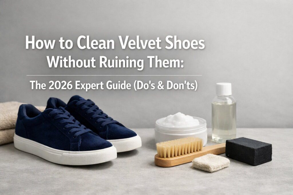 How to clean velvet shoes Pair of clean navy blue velvet loafers with a soft bristled brush and cleaning supplies on a wooden table.
