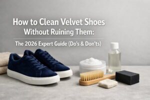 How to Clean Velvet Shoes Without Ruining Them: The 2026 Expert Guide (Do’s & Don’ts) 26 Pair of clean navy blue velvet loafers with a soft bristled brush and cleaning supplies on a wooden table.
