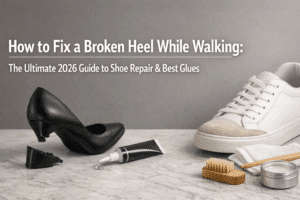How to Fix a Broken Heel While Walking: The Ultimate 2026 Guide to Shoe Repair & Best Glues 32 Close up of a broken shoe heel and a tube of shoe repair glue with emergency fix tools like duct tape and hair ties.