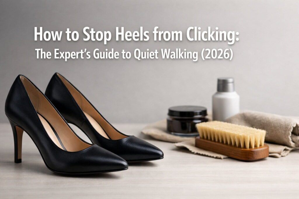 Close-up of rubber heel caps being applied to black stilettos to stop clicking noise.