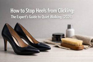 How to Stop Heels from Clicking: The Expert’s Guide to Quiet Walking (2026) 21 Close-up of rubber heel caps being applied to black stilettos to stop clicking noise.
