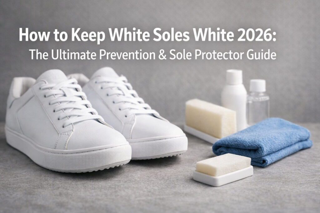 White sneakers with clear sole protector film applied vs yellowed soles.