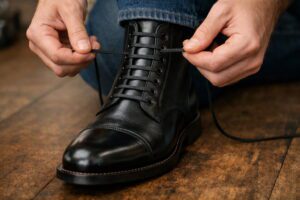 Master Straight Bar Lacing: The Ultimate Guide for Men’s & Women’s Dress Boots (2026) 8 Close-up of polished mens black lace up dress boots featuring neat straight bar lacing.