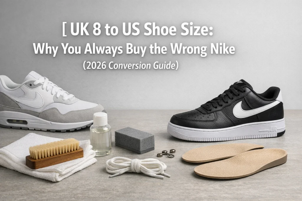 Comparison of UK 8 vs US 9 Nike sneaker labels on a wooden floor showing size tag details.