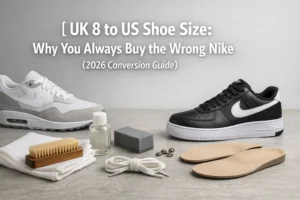 UK 8 to US Shoe Size: Why You Always Buy the Wrong Nike (2026 Conversion Guide) 35 Comparison of UK 8 vs US 9 Nike sneaker labels on a wooden floor showing size tag details.