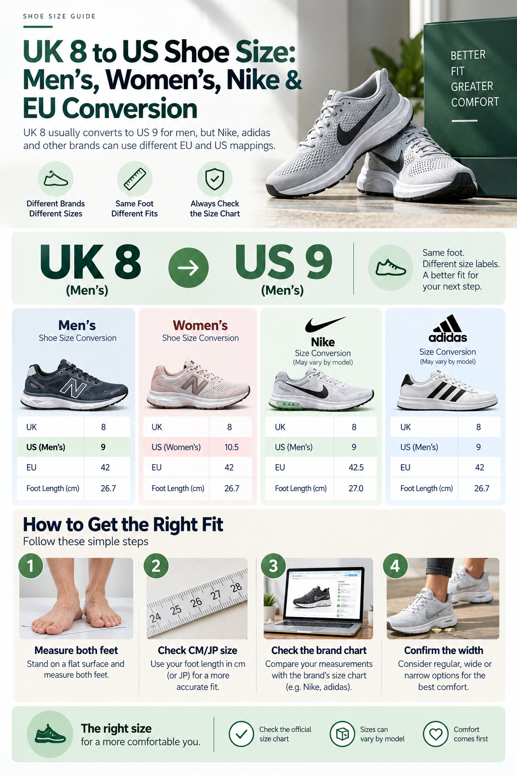 UK 8 usually converts to US 9 for men, but Nike, adidas and other brands can use different EU and US mappings.