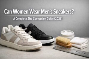 A unisex size shoes chart Conversion Guide (2026) 37 Chart comparing US Men's and Women's sneaker sizes with Nike and Adidas shoes in background.