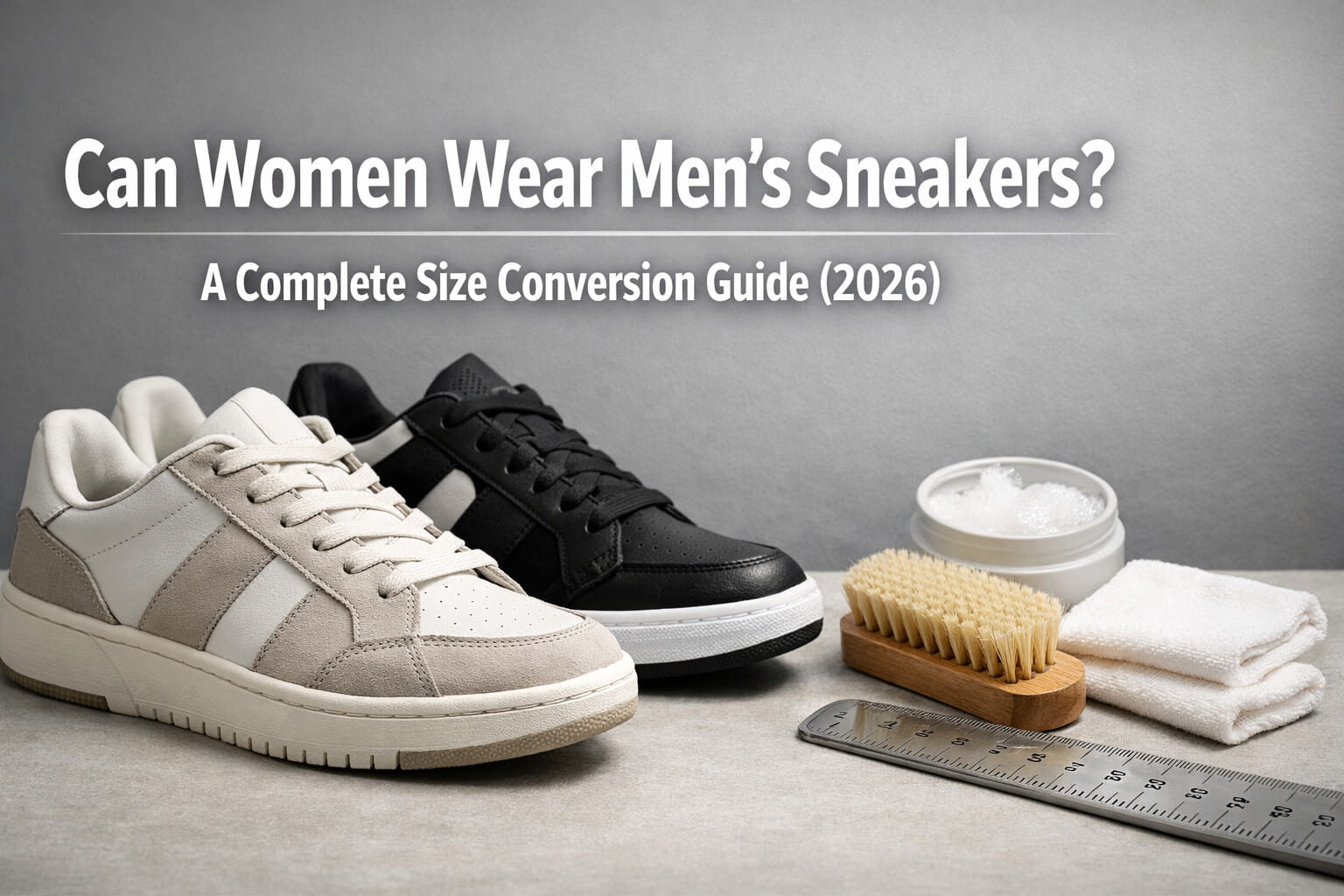 Chart comparing US Men's and Women's sneaker sizes with Nike and Adidas shoes in background.