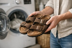A pair of dirty cork Birkenstock sandals sitting next to a soft brush, mild soap, and a clean microfiber cloth for safe hand washing.