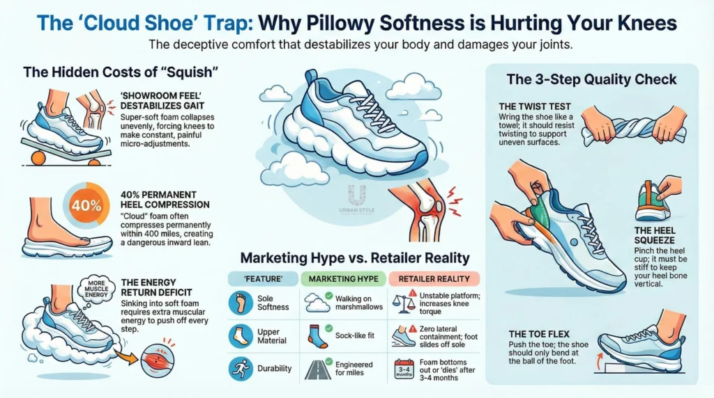 Hands twisting a sneaker like a wet towel to demonstrate poor torsional stability