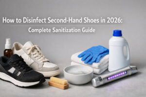 How to Disinfect Second-Hand Shoes in 2026: Complete Sanitization Guide 10 Person spraying antibacterial shoe disinfectant into a pair of vintage leather boots to sanitize them.