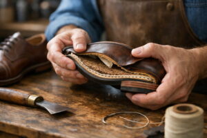 Close-up of the sole stitching on a premium leather shoe demonstrating authentic Goodyear welt construction.