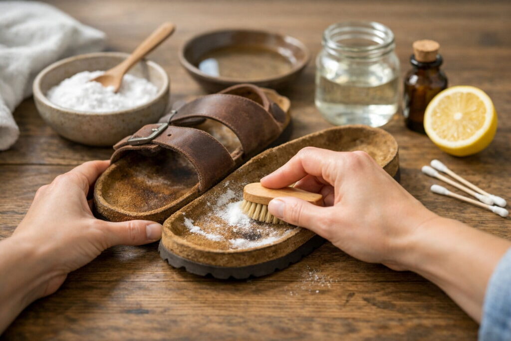 how to clean birkenstock footbed naturally Before and after comparison of a dirty Birkenstock footbed being cleaned with baking soda paste and a toothbrush.