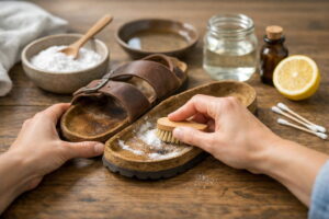 Before and after comparison of a dirty Birkenstock footbed being cleaned with baking soda paste and a toothbrush.