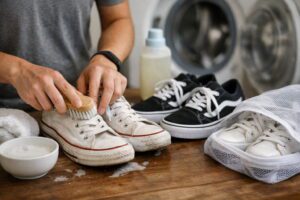 How to Clean Canvas Shoes (Converse/Vans) & Wash Sneakers in a Washer: The 2026 Expert Guide 5 White canvas sneakers placed in a mesh laundry bag ready for a gentle wash cycle
