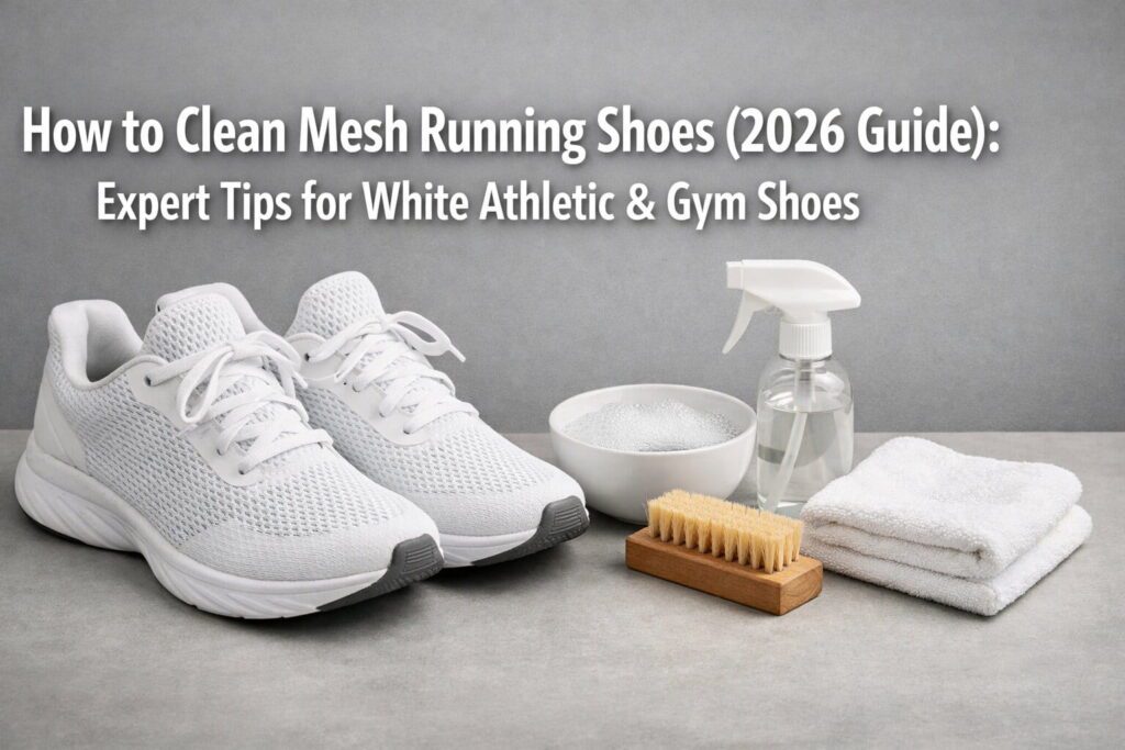 Hands scrubbing white mesh running shoes with a soft toothbrush and soapy water to remove dirt.