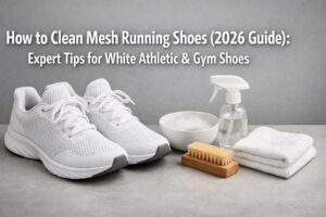 How to Clean Mesh Running Shoes (2026 Guide): Expert Tips for White Athletic & Gym Shoes 15 Hands scrubbing white mesh running shoes with a soft toothbrush and soapy water to remove dirt.