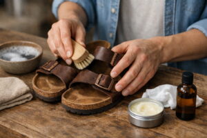 A pair of oiled leather Birkenstock sandals being cleaned with a premium horsehair brush and leather conditioning balm.