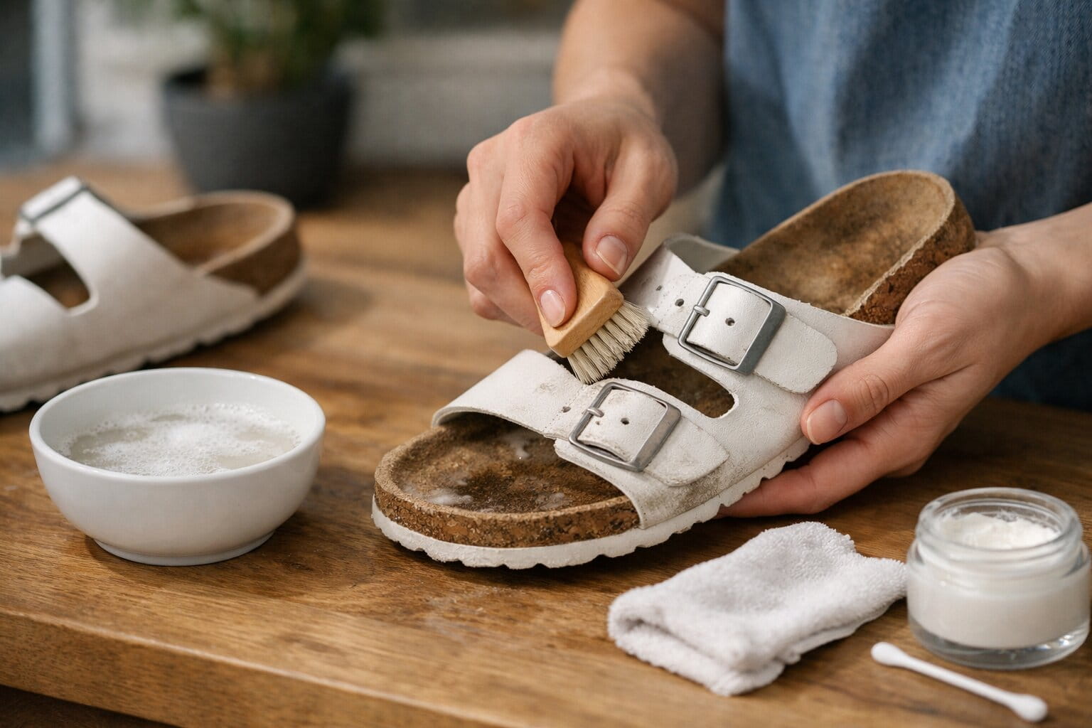 How to Clean White Birkenstocks 2026: Removing Stains & Restoring Color 3 A pair of clean white Birkenstock sandals resting next to a suede brush and a natural shoe cleaning kit.