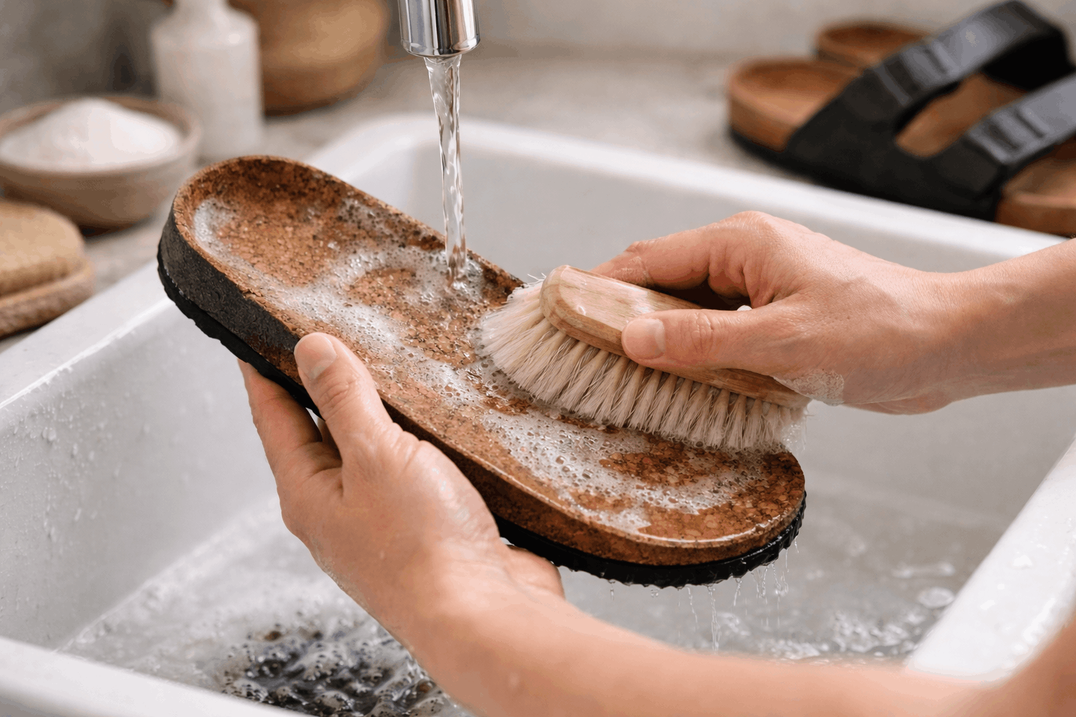 How to Deep Clean Birkenstocks at Home 2026: The Ultimate Guide to Wash Cork Footbeds Safely 6 Person using a toothbrush and baking soda paste to deep clean the cork footbed of a Birkenstock sandal at home