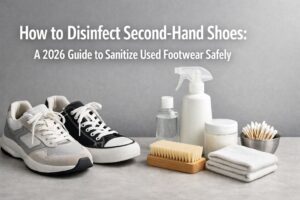 How to Disinfect Second-Hand Shoes: A 2026 Guide to Sanitize Used Footwear Safely 11 Hands cleaning a pair of second-hand leather shoes with disinfectant spray and a soft cloth to sanitize them.