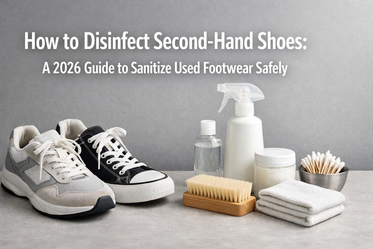 Hands cleaning a pair of second-hand leather shoes with disinfectant spray and a soft cloth to sanitize them.