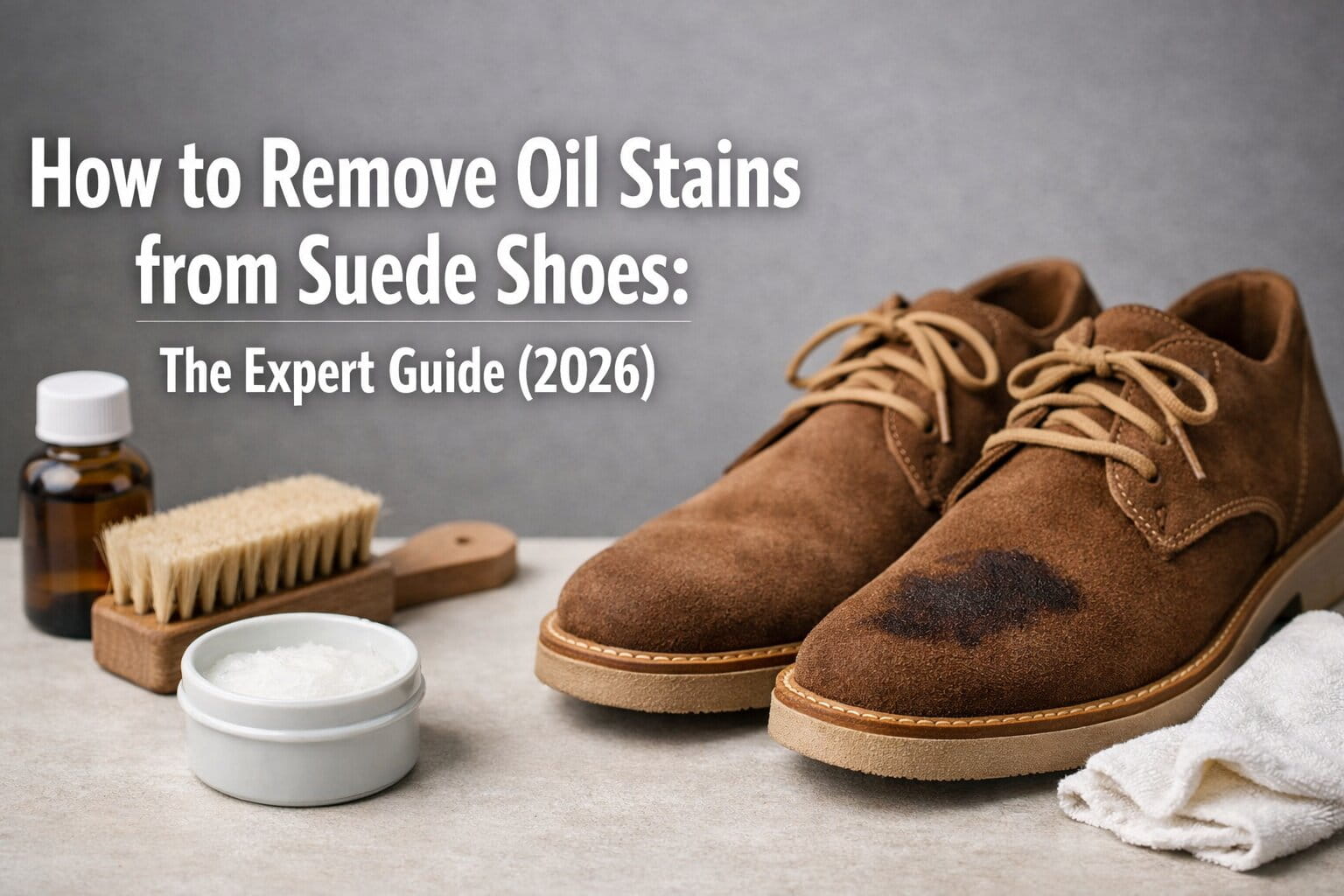 Close-up of a suede brush removing oil stain powder from a beige suede boot