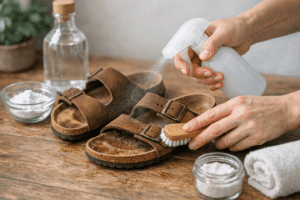A pair of Birkenstock sandals being cleaned with a baking soda paste to remove smell from the cork footbed. (Use this for your main header image!) Let me know if you need any of these tweaked or if you'd like me to add this directly to the Canvas document!