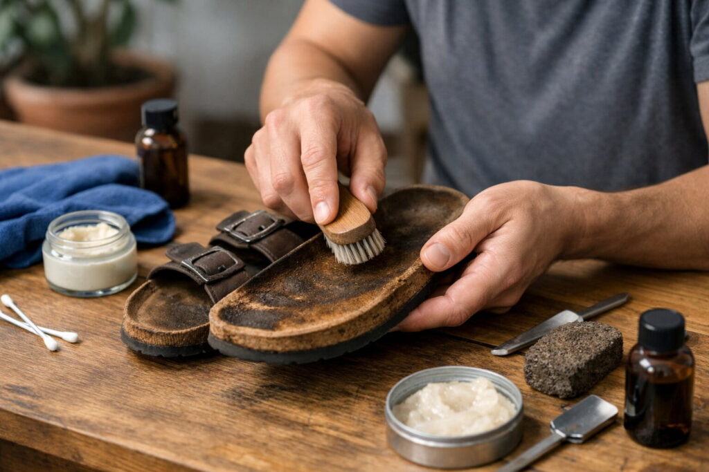 How to Restore Old Birkenstocks: The Ultimate 2026 DIY Guide to Refurbish Worn Sandals 54 A before and after comparison showing how to restore old Birkenstocks, featuring a cleaned suede footbed and freshly sealed cork edges.