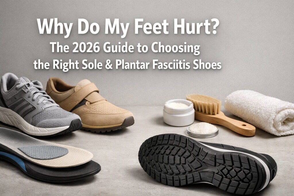 Cut-in-half view of an orthopedic shoe showing firm heel counter and arch support for plantar fasciitis relief.
